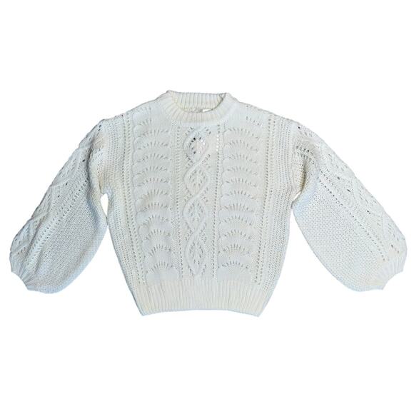 NWT LINE AND DOT Women’s Cream Chunky Cableknit Crew Neck Bubble Sleeve Sweater - Picture 2 of 9